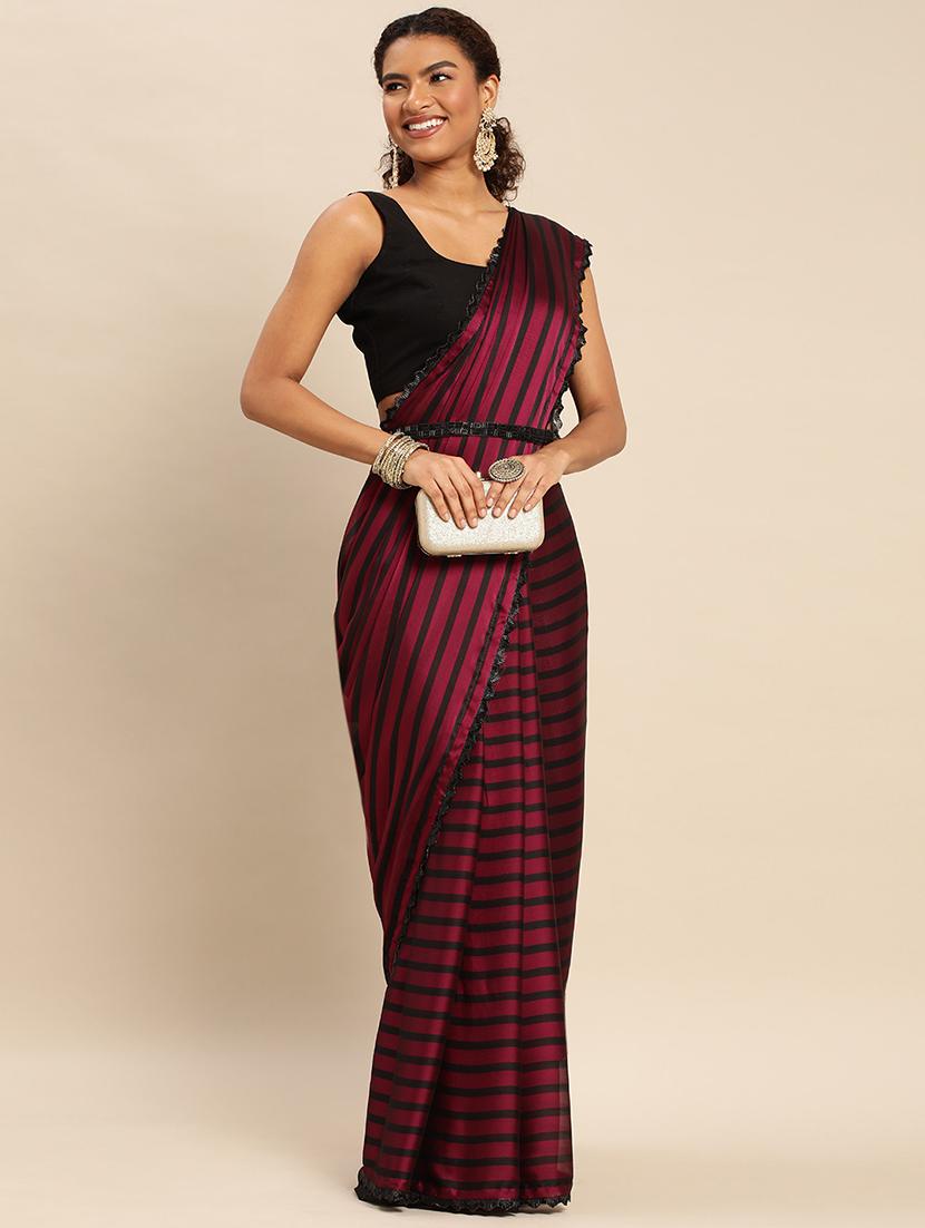 women striped embellished bordered saree with blouse - 21949629 - Standard Image - 1