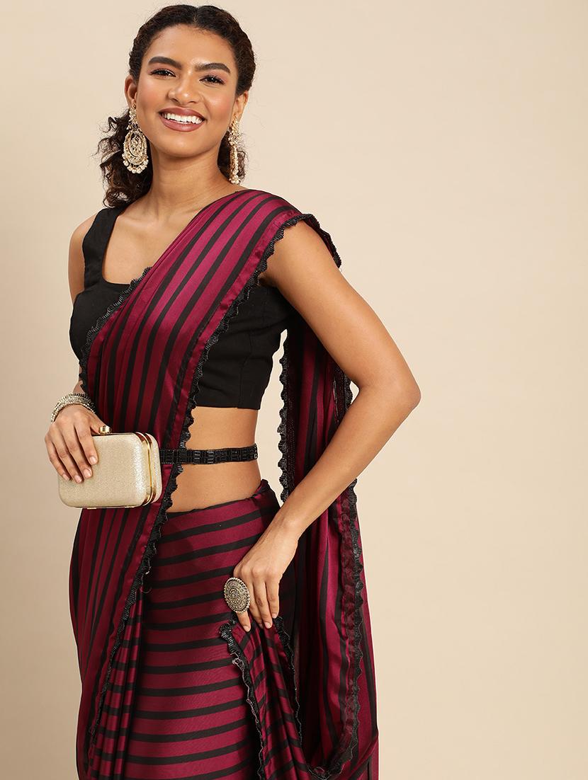 women striped embellished bordered saree with blouse - 21949629 - Standard Image - 4