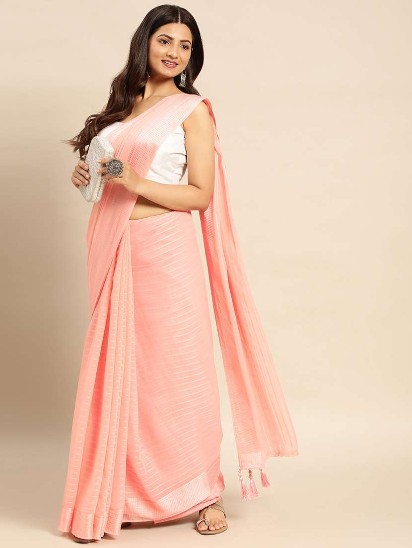 women striped embellished bordered saree with blouse - 21949630 -  Standard Image - 1