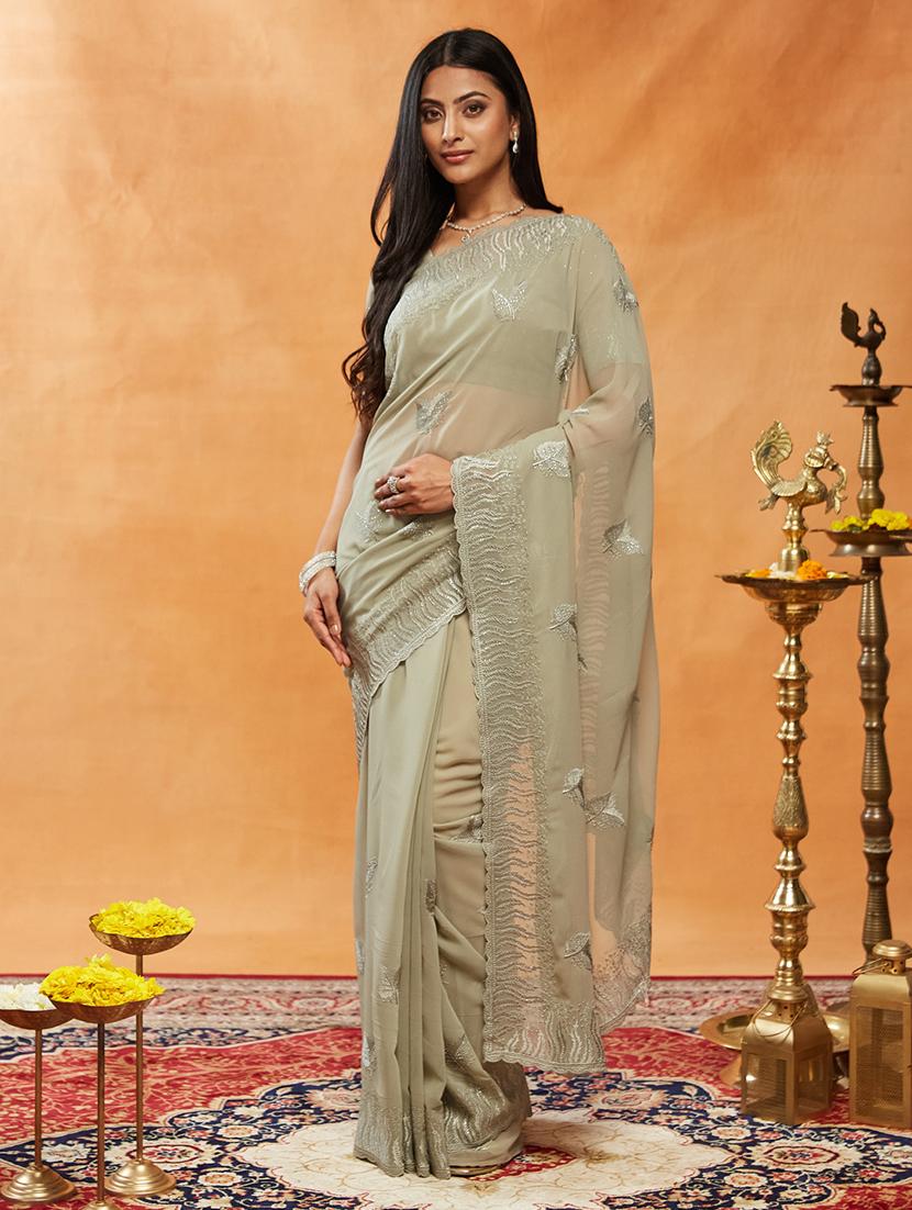 women solid with work embroidered saree with blouse - 21949635 - Standard Image - 1