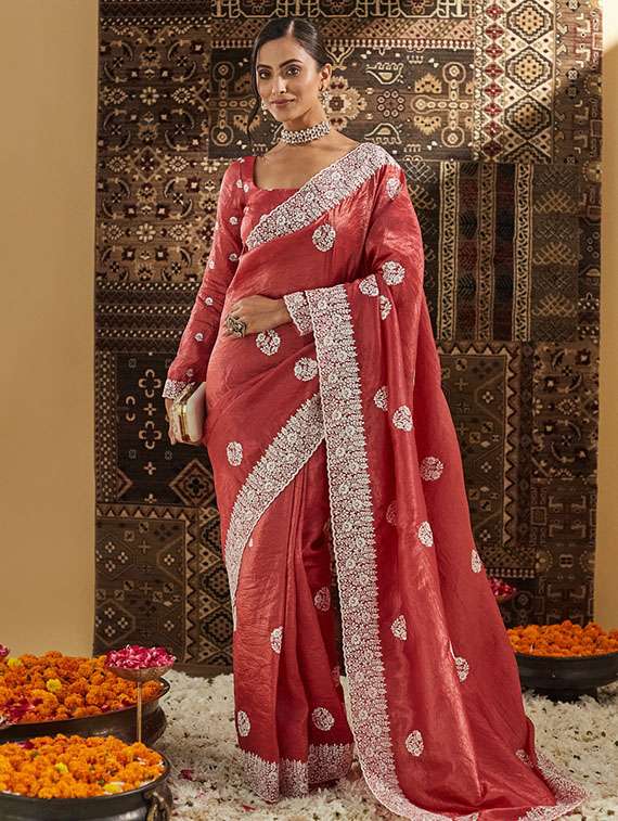 women solid with work embroidered saree with blouse