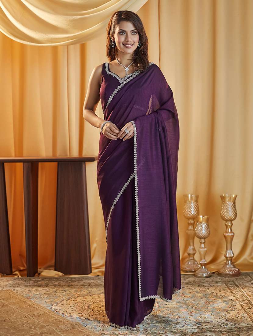 women solid embellished bordered saree with blouse - 21949645 -  Standard Image - 1