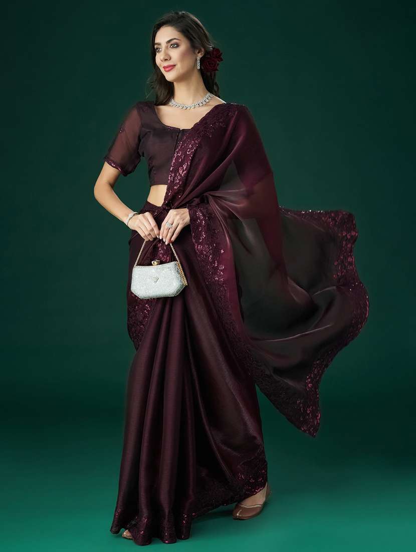women solid with bordered saree with blouse - 21949656 - Standard Image - 4