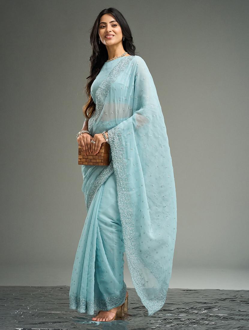 women solid with work embroidered saree with blouse - 21949658 - Standard Image - 1