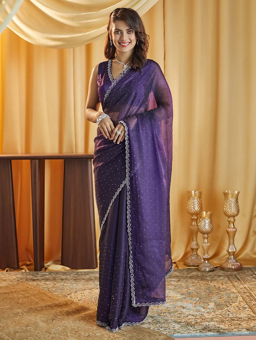 women solid with work embellished saree with blouse - 21949659 - Standard Image - 1