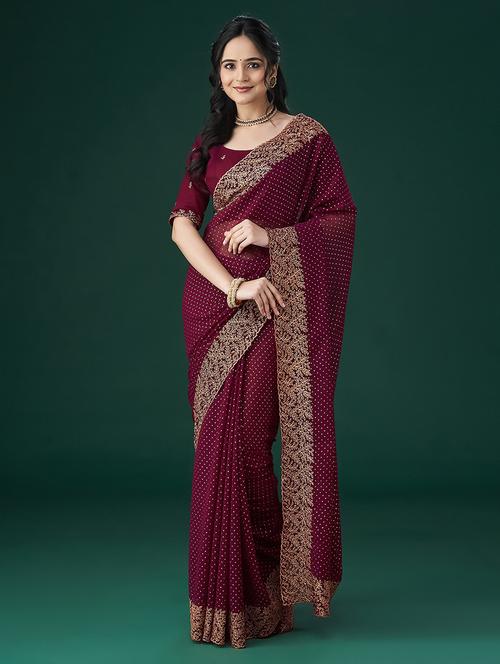 women solid with work embroidered saree with blouse - 21949674 - Standard Image - 0