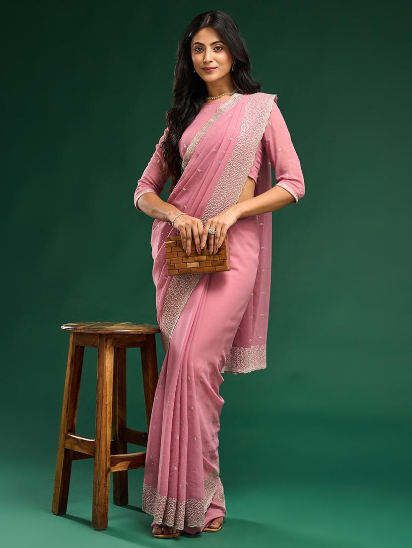 women solid with work embroidered saree with blouse - 21949675 -  Zoom Image - 0