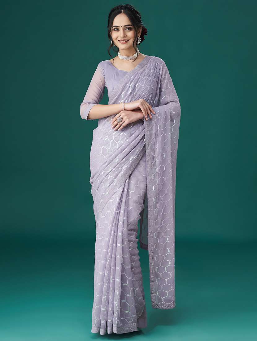 women solid with work embroidered saree with blouse - 21949690 - Zoom Image - 0