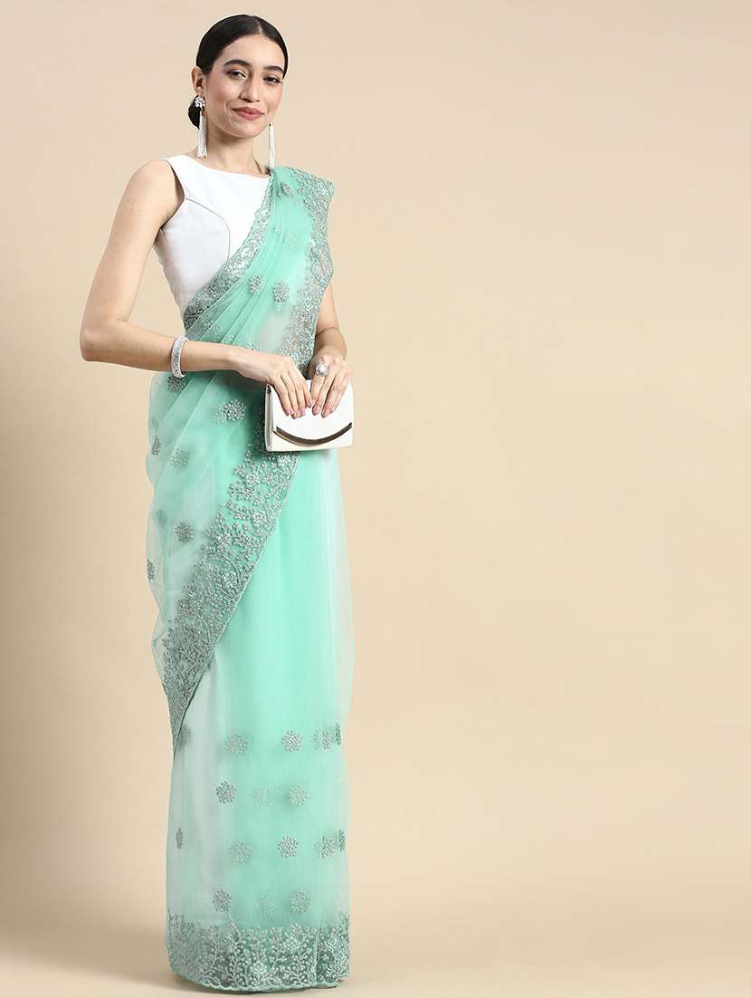 women solid with work embroidered saree with blouse
