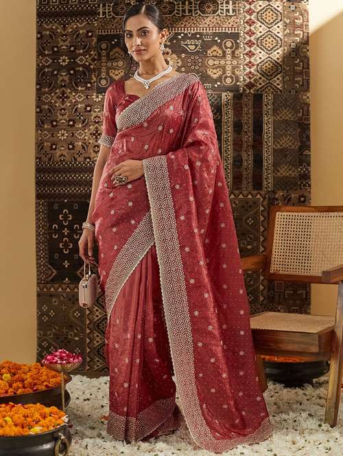 women solid with work embroidered saree with blouse - 21949749 - Standard Image - 0