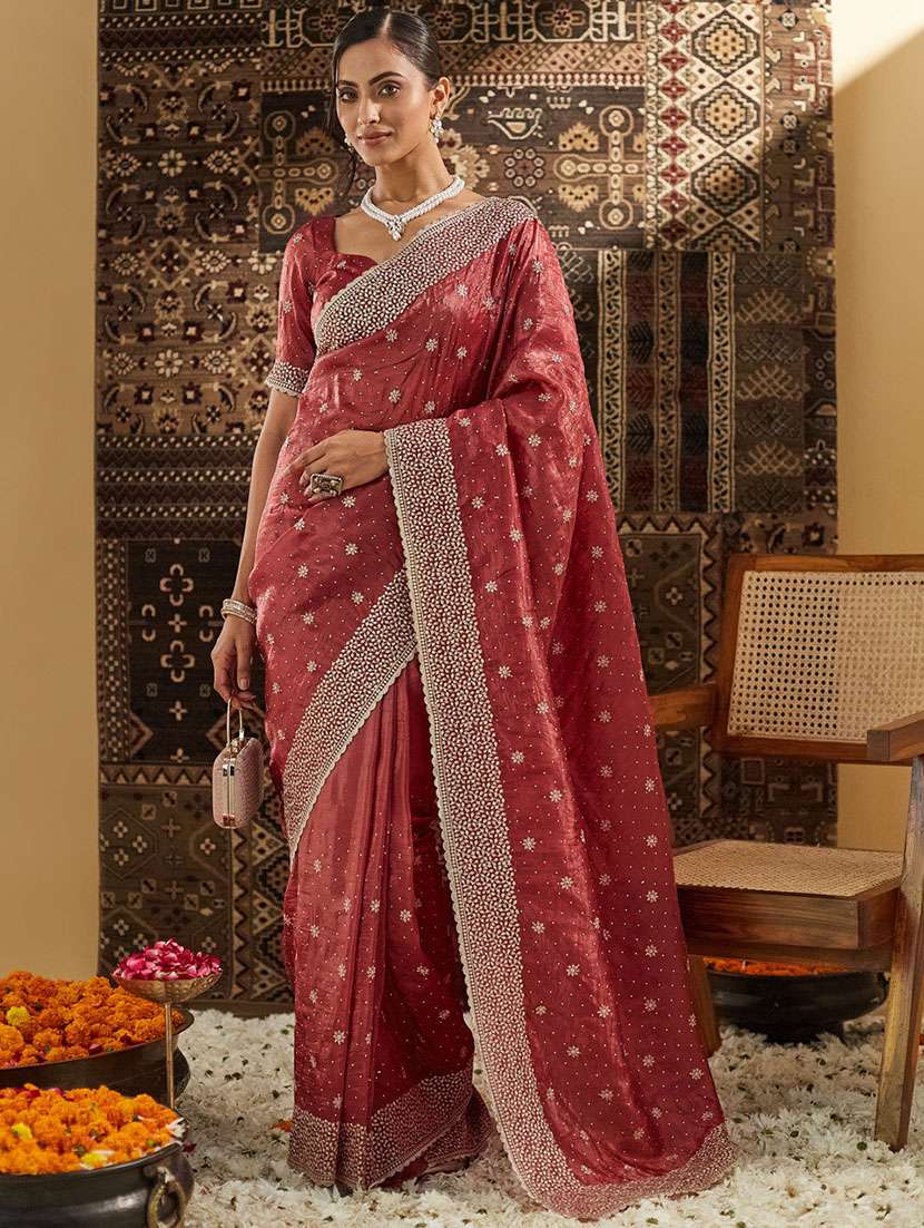 women solid with work embroidered saree with blouse - 21949749 - Zoom Image - 0