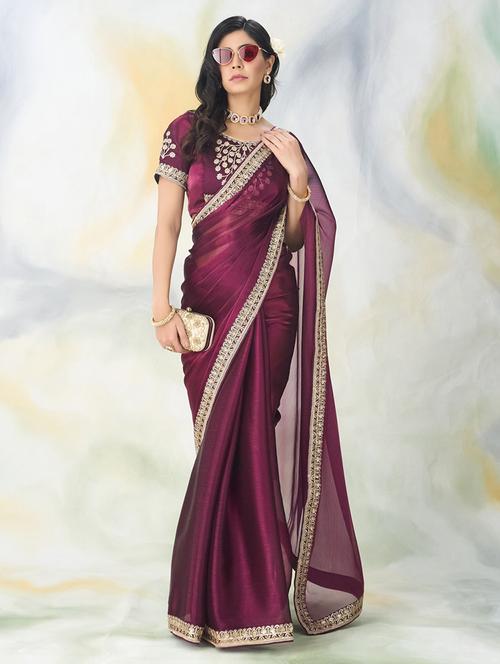 women solid with bordered saree with blouse - 21949756 - Standard Image - 0