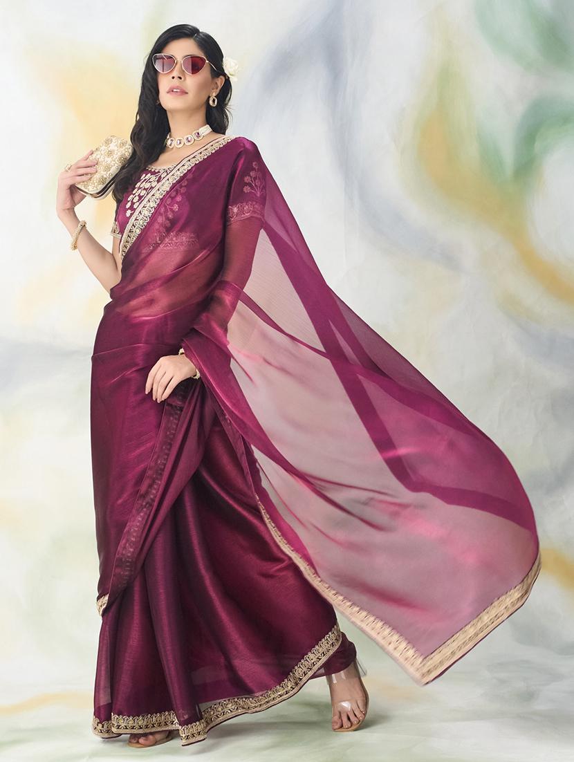 women solid with bordered saree with blouse - 21949756 - Standard Image - 1