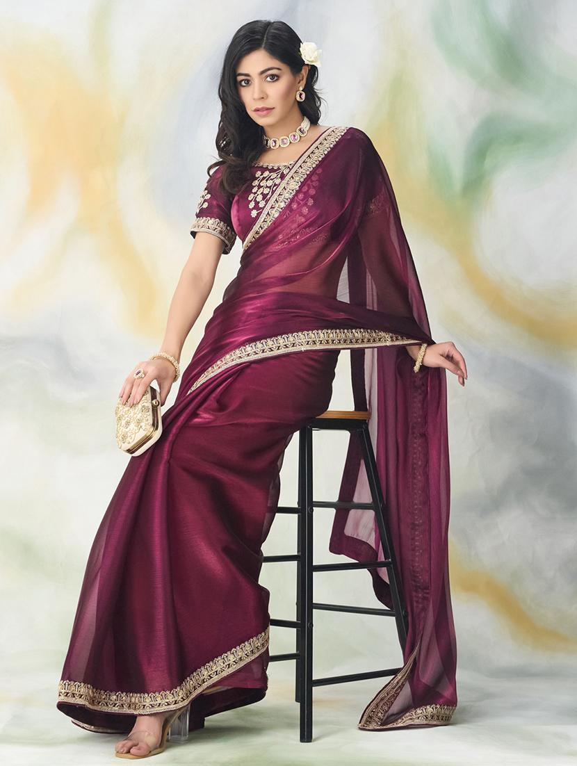 women solid with bordered saree with blouse - 21949756 - Standard Image - 4