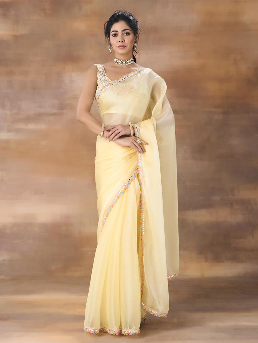 women solid mirror work bordered saree with blouse - 21949761 -  Zoom Image - 0