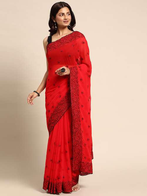 women solid with work embroidered saree with blouse - 21949778 -  Standard Image - 0