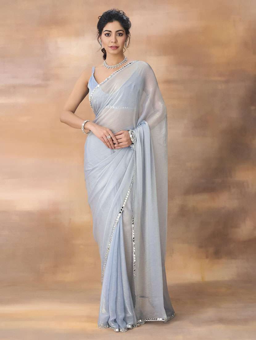 women solid mirror work bordered saree with blouse - 21949779 -  Standard Image - 1