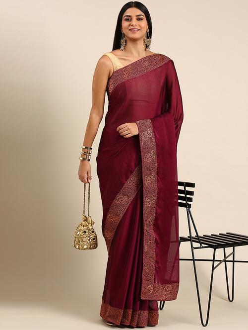 women solid with bordered saree with blouse - 21949798 - Standard Image - 0