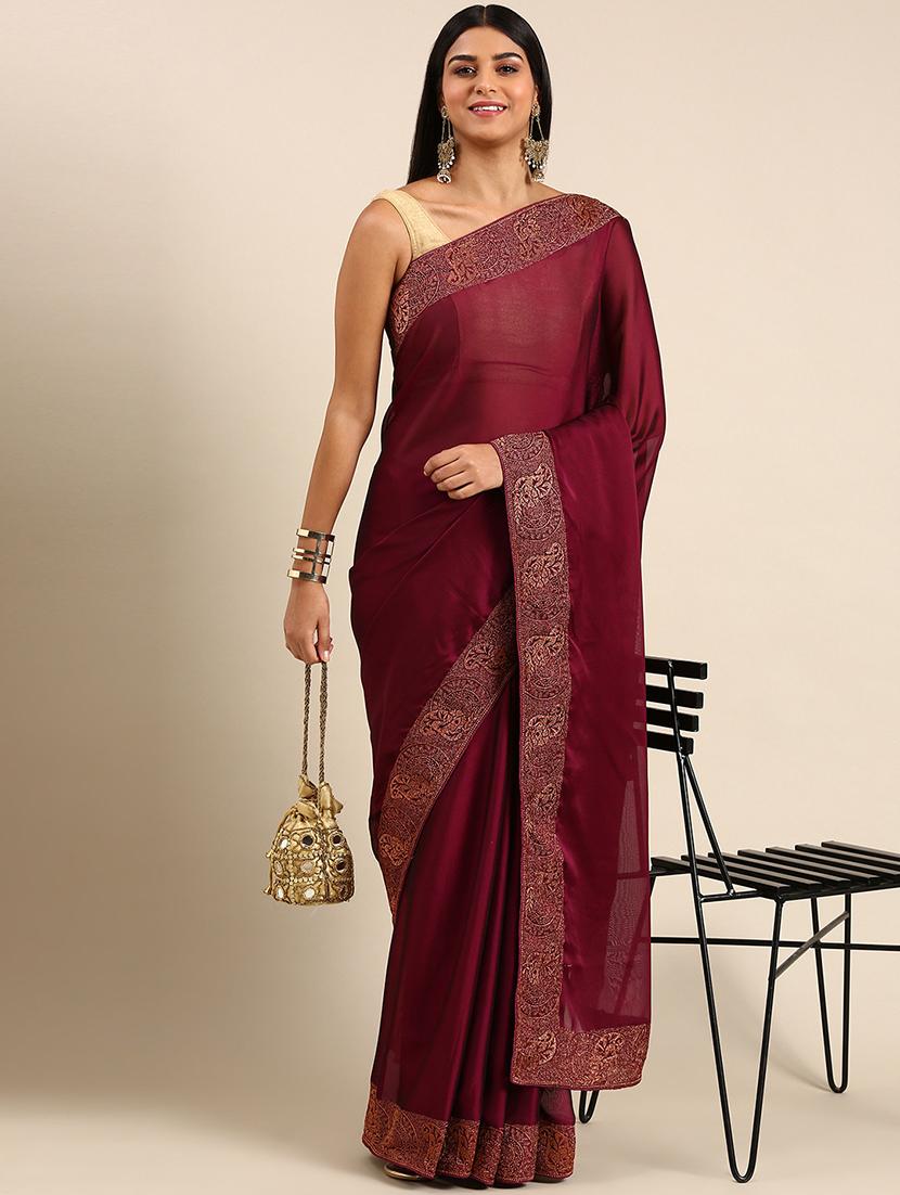 women solid with bordered saree with blouse - 21949798 - Zoom Image - 0