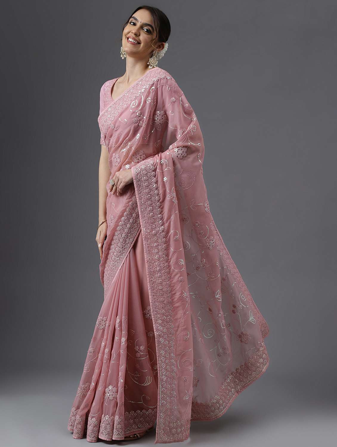 women solid with work embellished saree with blouse