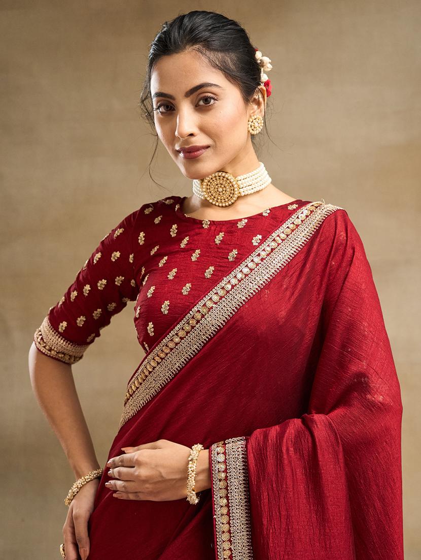 women solid with bordered saree with blouse - 21949800 - Standard Image - 4