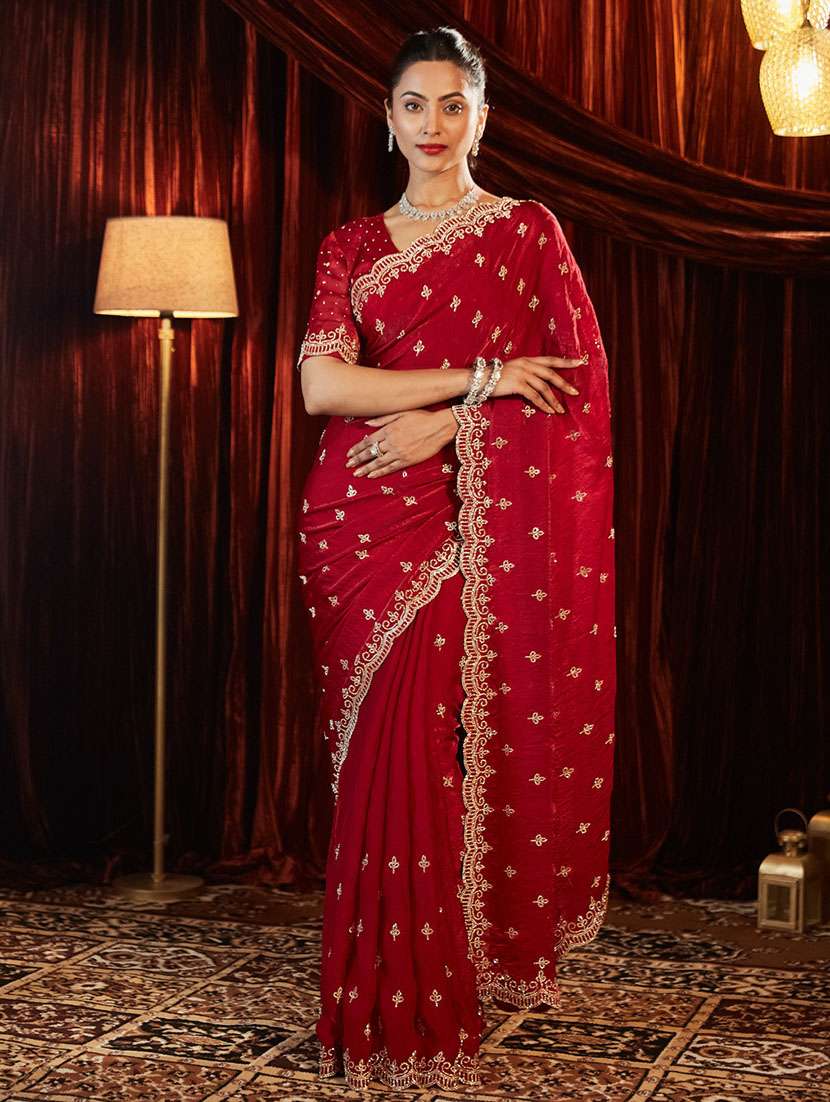 Women Solid With Work Embroidered Saree With Blouse