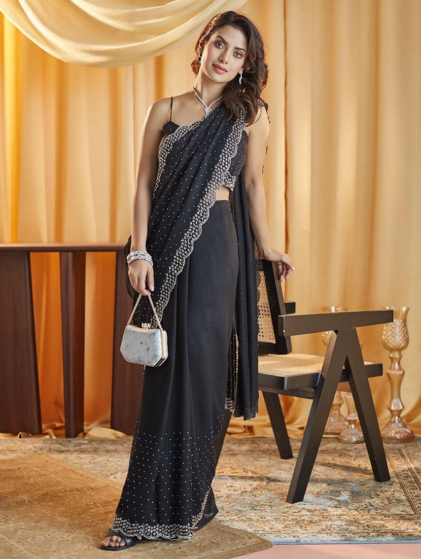 women solid with work embellished saree with blouse - 21949806 - Zoom Image - 0