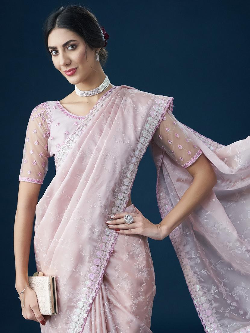 women solid with work embroidered saree with blouse - 21949809 - Standard Image - 4
