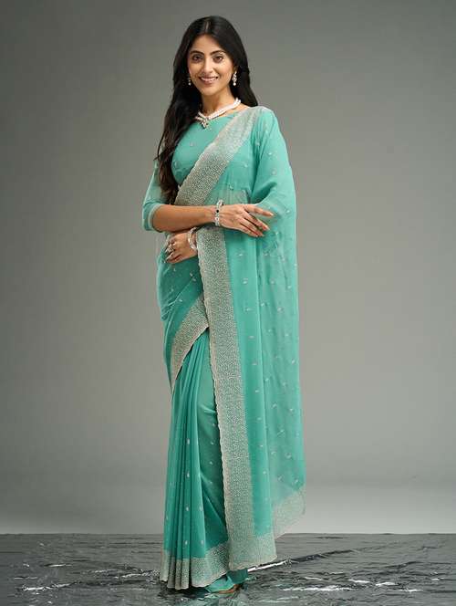 women solid with work embroidered saree with blouse - 21949820 -  Standard Image - 0