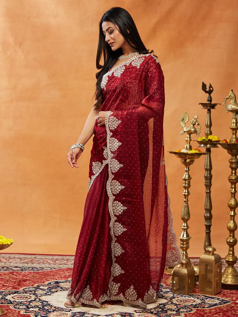 women solid with work embroidered saree with blouse - 21949839 - Standard Image - 1