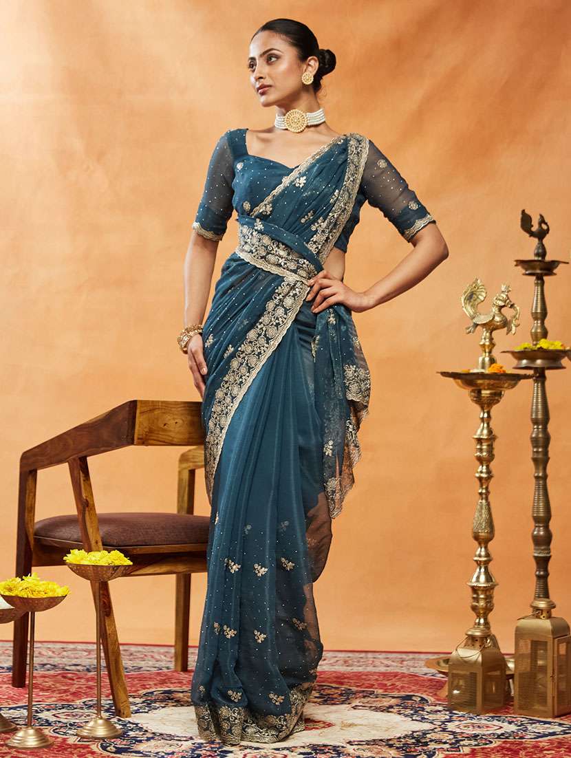 women solid with work embroidered saree with blouse - 21949841 -  Standard Image - 1