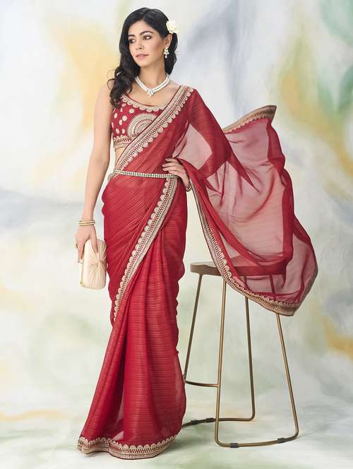 women solid with bordered saree with blouse - 21949854 - Standard Image - 0
