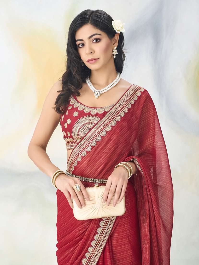 women solid with bordered saree with blouse - 21949854 - Standard Image - 4