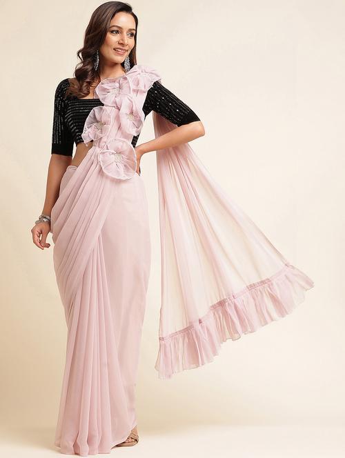 women pink solid ruffle saree with blouse - 21949855 - Standard Image - 0