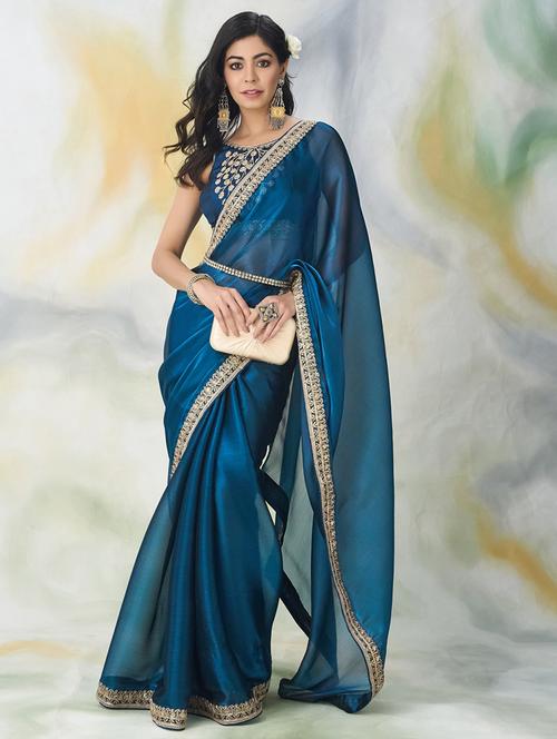 women solid with work embroidered saree with blouse - 21949874 -  Standard Image - 0
