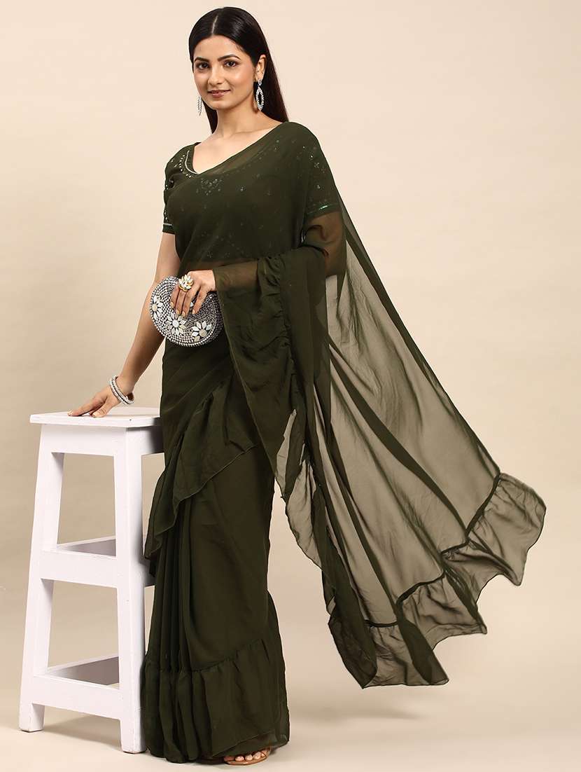women solid with ruffle bordered saree with blouse