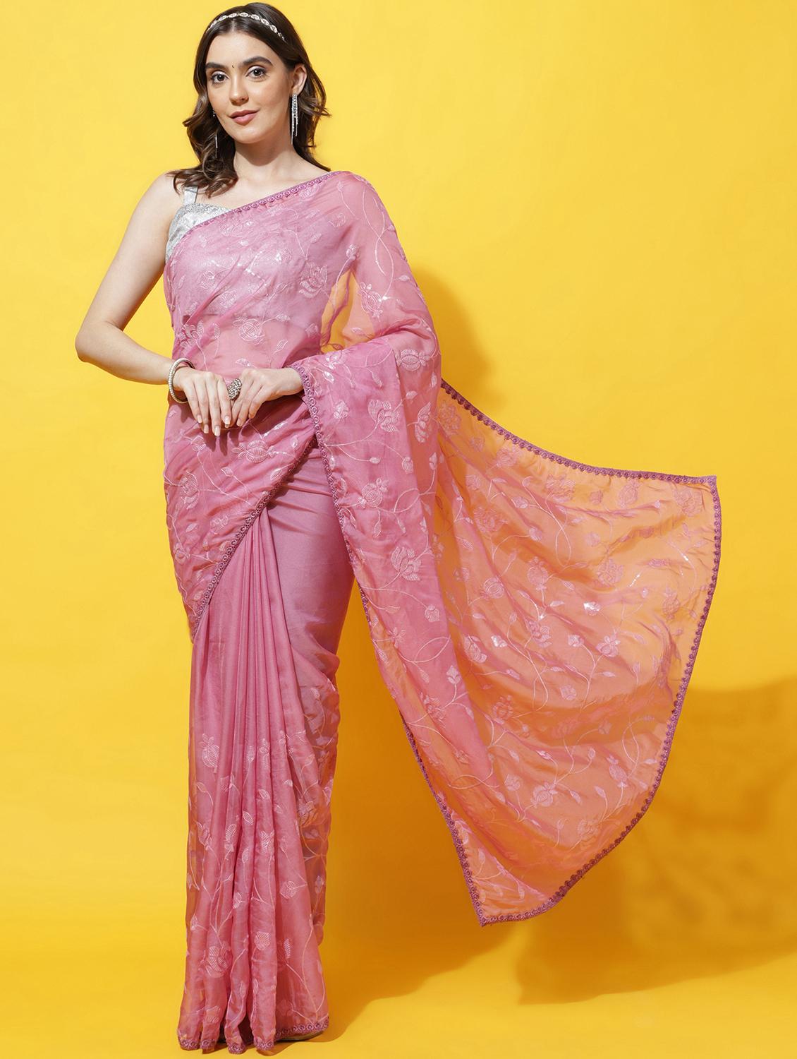 women solid with work embellished saree with blouse - 21949922 - Zoom Image - 0
