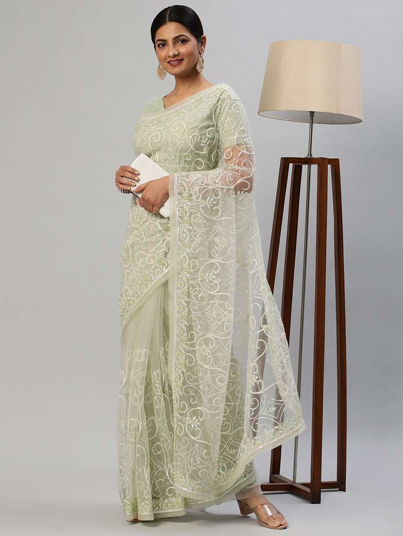 women solid with work embroidered saree with blouse