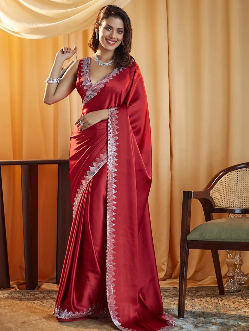 women solid with bordered saree with blouse - 21949957 - Standard Image - 1