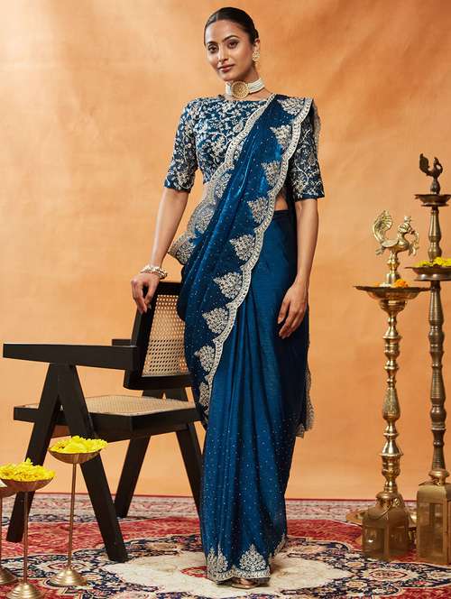 women solid with work embroidered saree with blouse - 21949968 -  Standard Image - 0