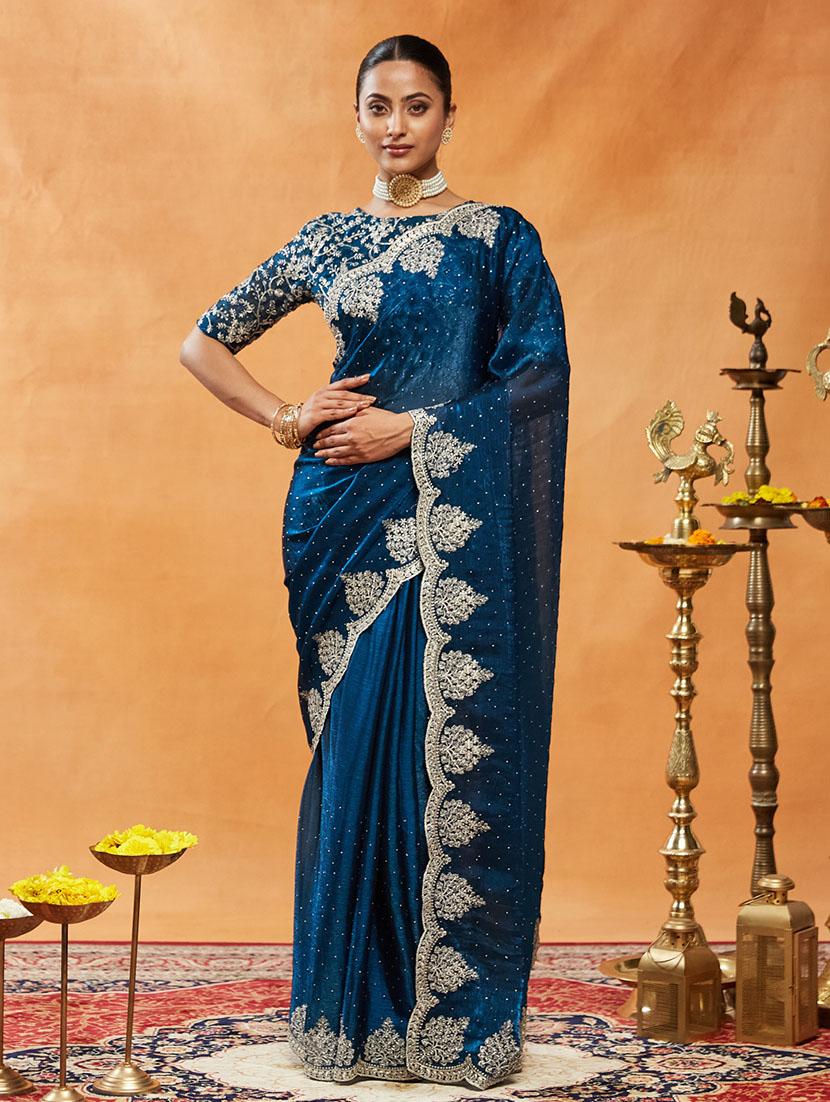 women solid with work embroidered saree with blouse - 21949968 - Standard Image - 1