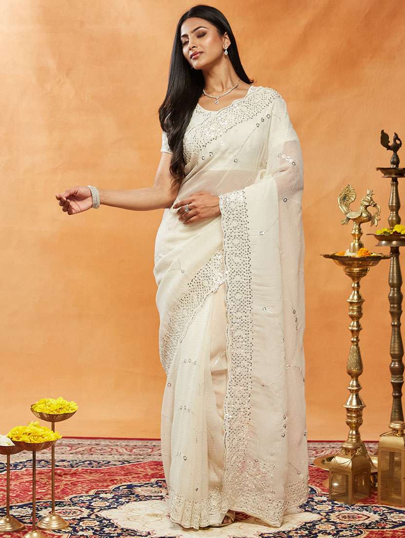women solid with work embroidered saree with blouse - 21949969 -  Zoom Image - 0