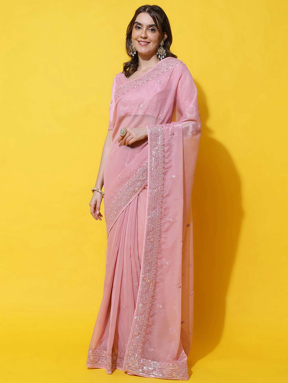 women solid with work embroidered saree with blouse - 21949984 -  Zoom Image - 0