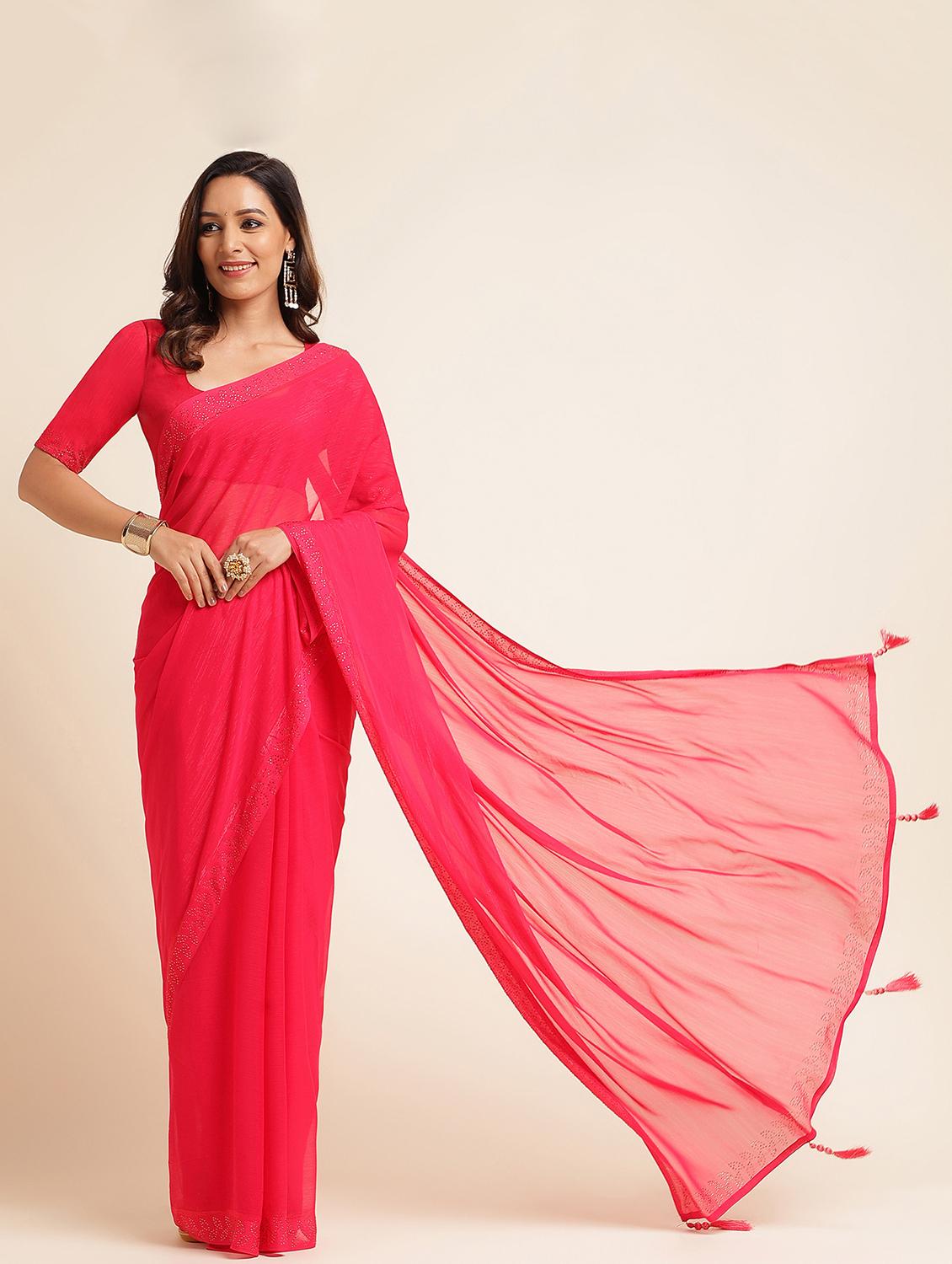 women solid with embellished bordered saree with blouse - 21949990 - Standard Image - 1