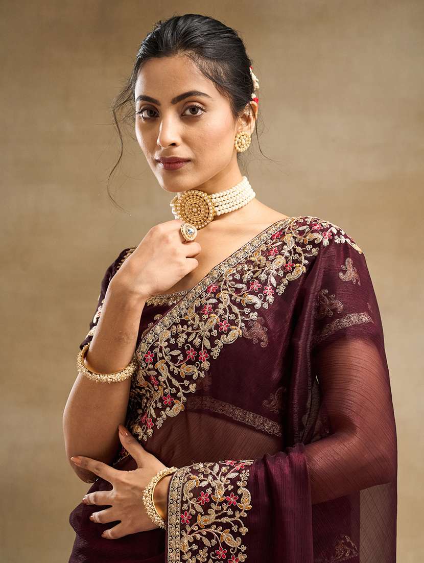 women solid with bordered saree with blouse - 21950035 - Standard Image - 4