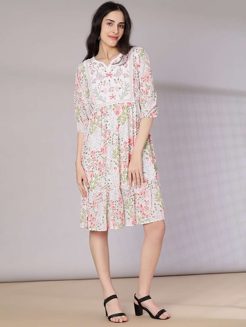 women floral three quarter sleeve tiered ethnic dress