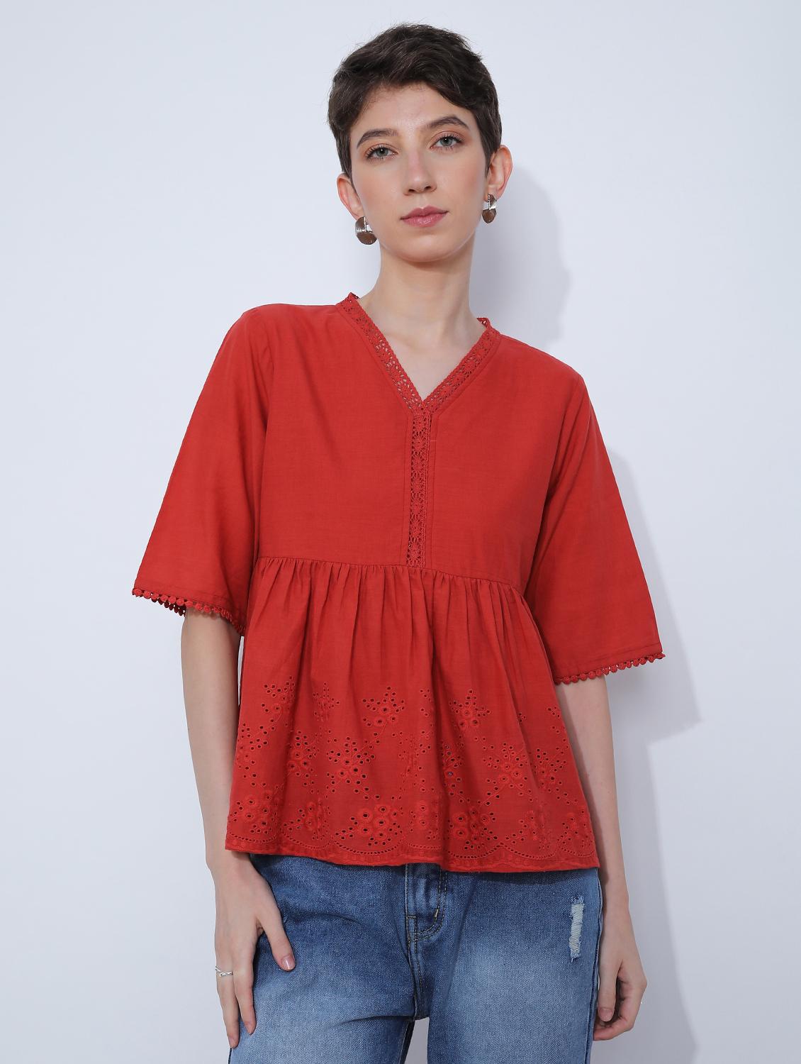 women red solid short sleeve schiffli flared top - 21951393 -  Standard Image - 1