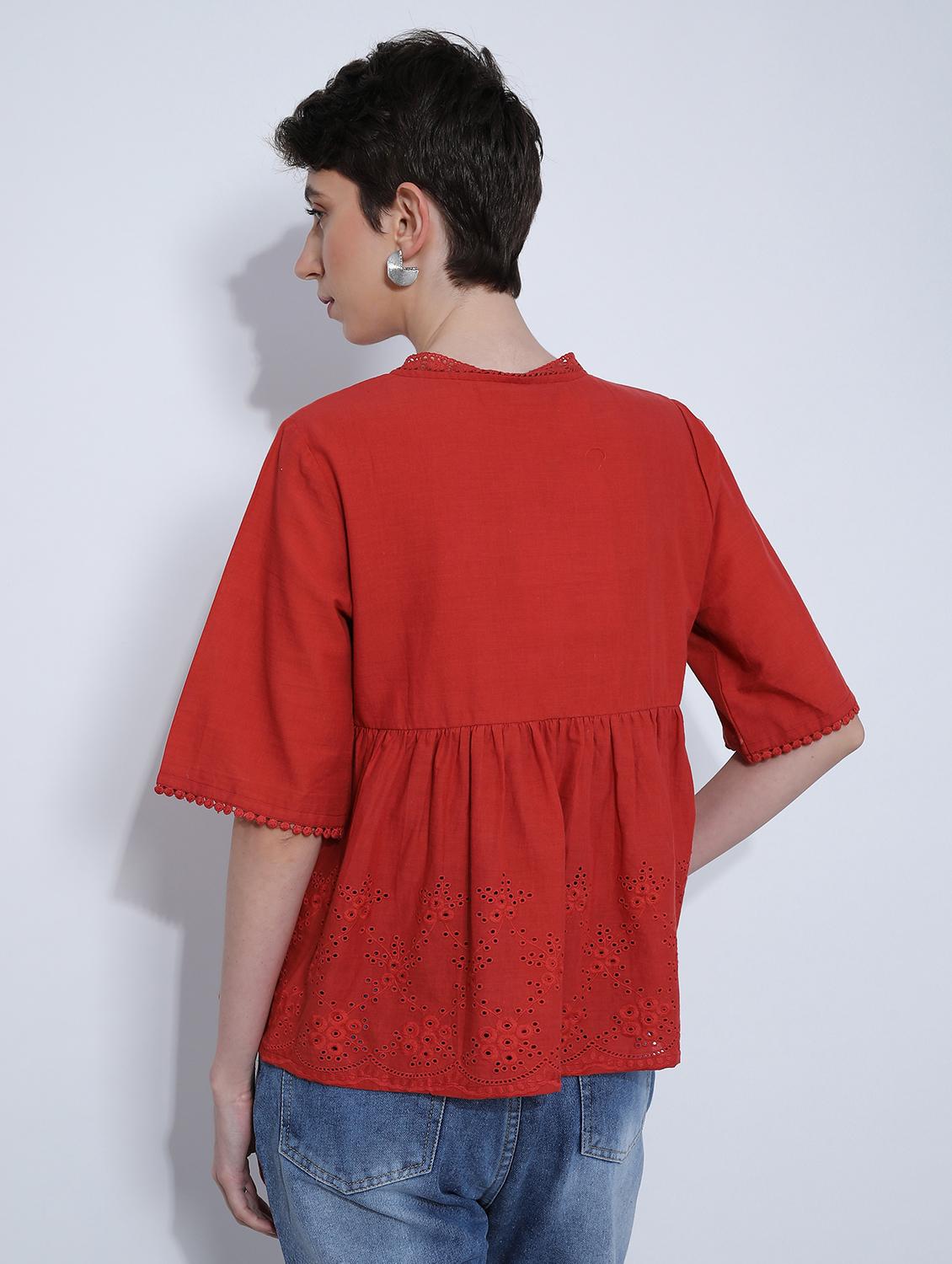 women red solid short sleeve schiffli flared top - 21951393 - Standard Image - 4