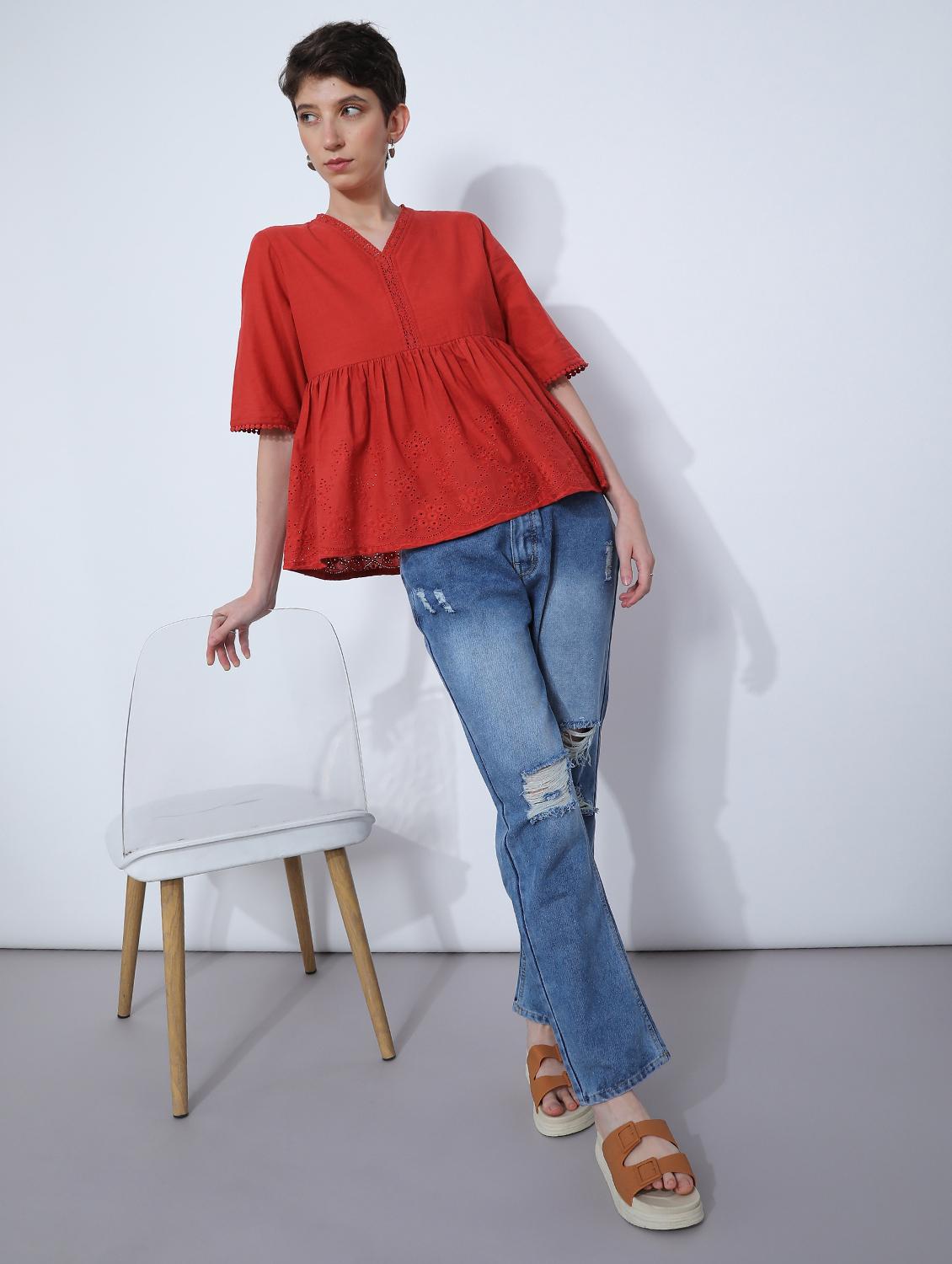 women red solid short sleeve schiffli flared top - 21951393 - Standard Image - 6