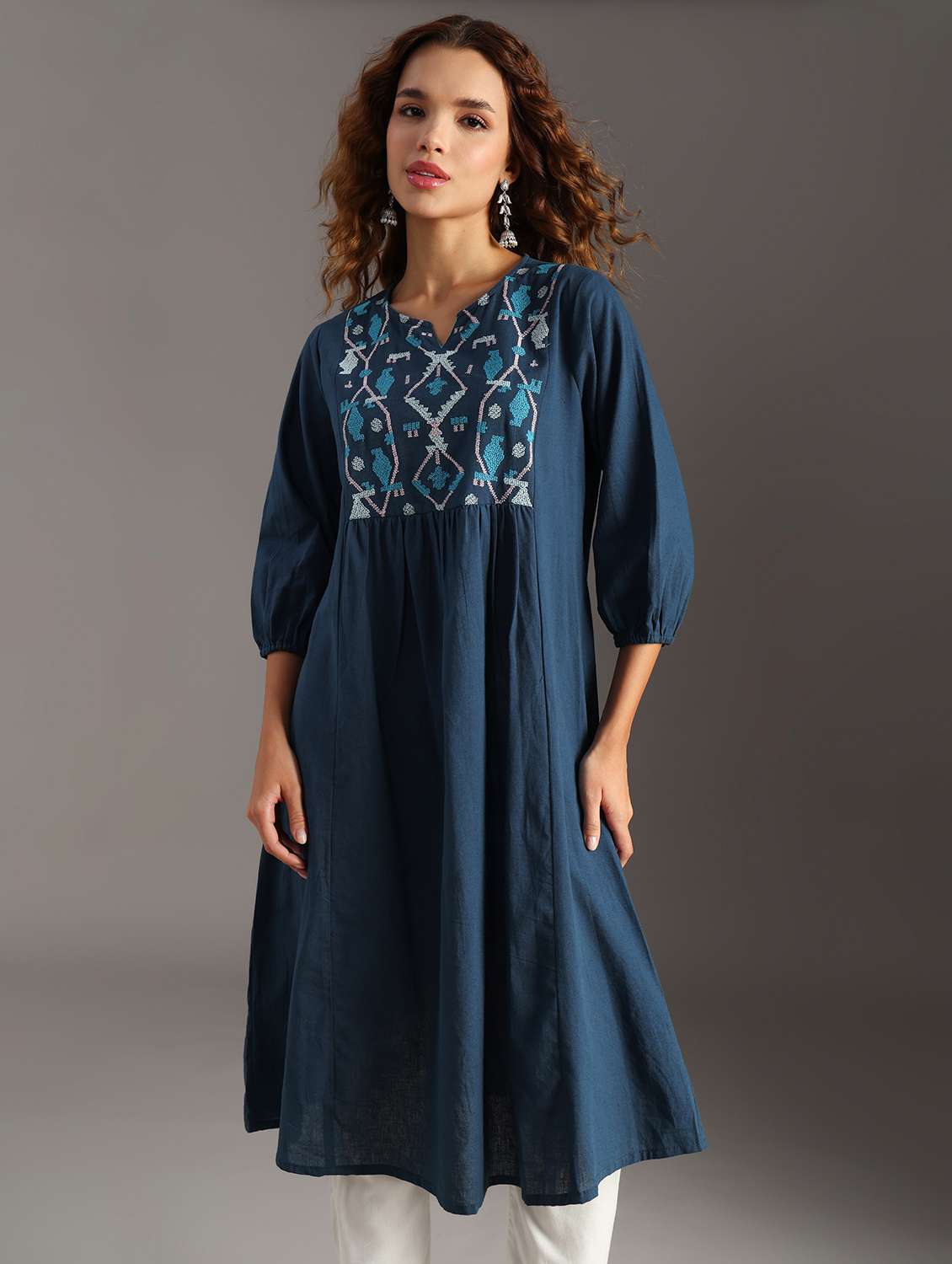 women blue embroidered a-line ethnic dress